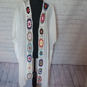 White Open Front Size 2X Long Swim Cover Duster Crochet Trim